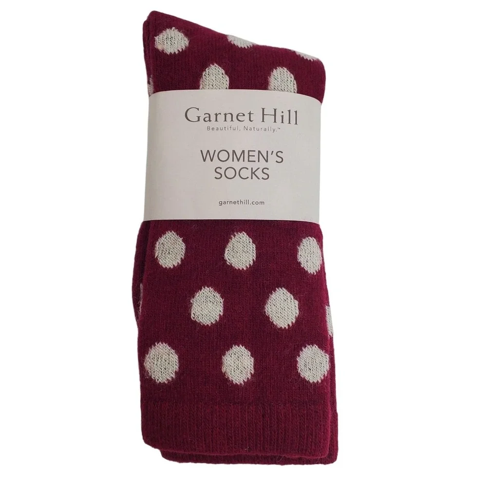 Port Red Cream Dot Crew Socks Medium Garnet Hill 9-11 Warm Cozy Cashmere Blend M